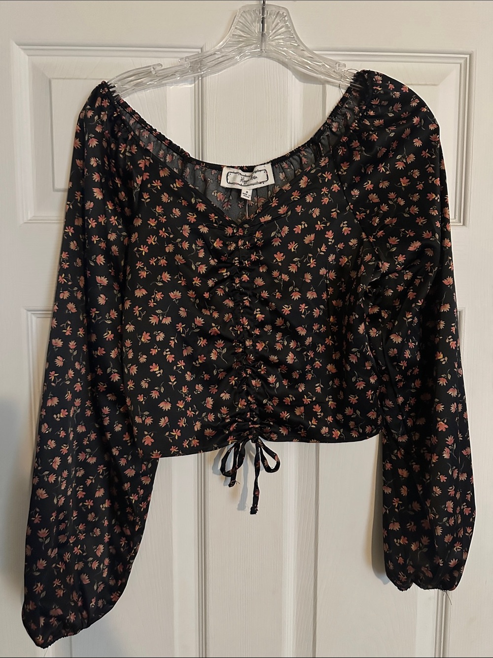 Silky Black Floral Ruched Drawstring Long-Sleeve Top